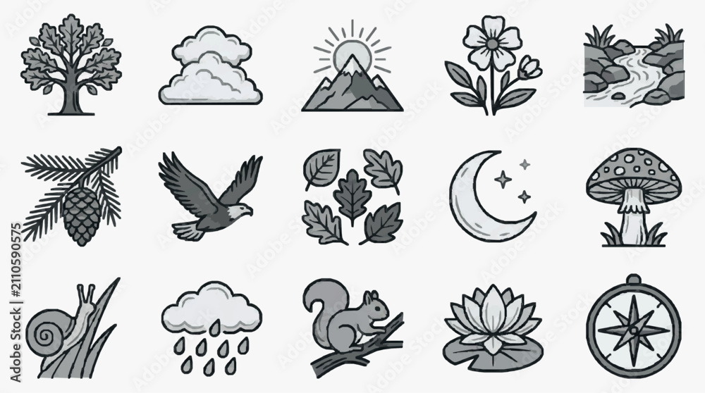 Fototapeta premium Clean Minimalist Black and White Nature and Weather Icon Set Tree Clouds Mountain Flower Forest Pinecone Eagle Leaves Moon Mushroom Snail Rain Squirrel Lotus Compass