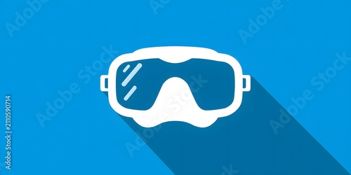 White diving mask icon with long shadow on blue background.