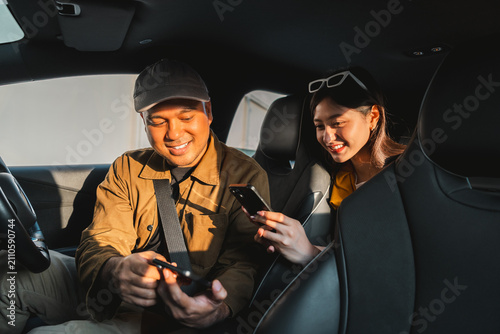 Canvastavla Young asian woman traveler Pay the fare after arriving destination by scan payment qr code with cell phone