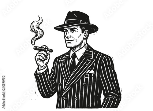 Картината върху платно Gentleman smoking cigar in formal suit and fedora, vintage engraved illustration