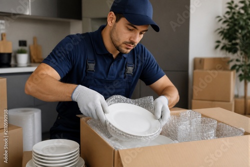 Mover packing plates into cardboard boxes in domestic kitchen