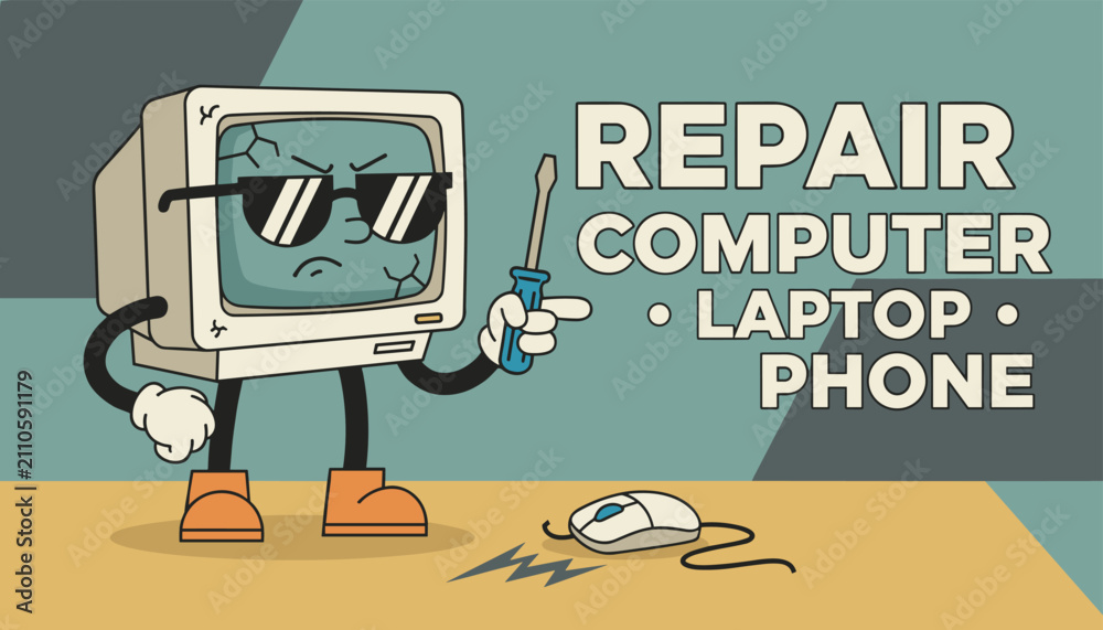 Naklejka premium Angry retro computer character with dark sunglasses holding a screwdriver to promote computer repair services.