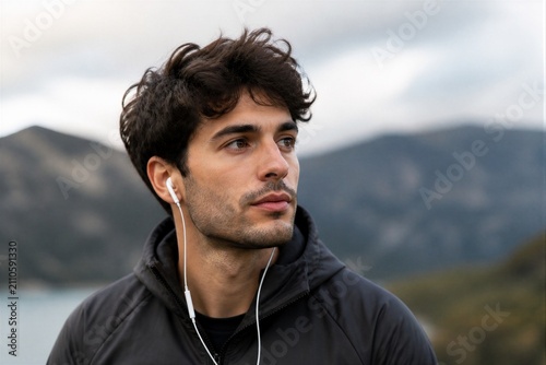 Young man wearing earbuds looking thoughtful in mountain landscape