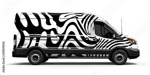 Van with zebra pattern wrap, modern transportation design.