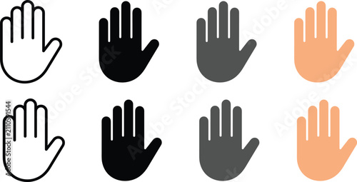 Hand shapes in vector illustration presented in black gray and peach color variations with open and closed palm positions accessibility