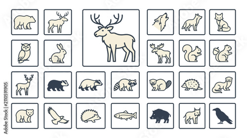 Collection of diverse wild animal icons in a grid layout.