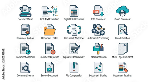 Collection of document management icons representing various digital processes.
