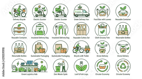 Collection of eco friendly delivery and packaging icons.