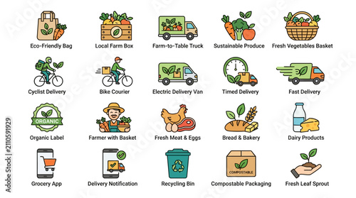 Collection of eco friendly food delivery and organic produce icons.
