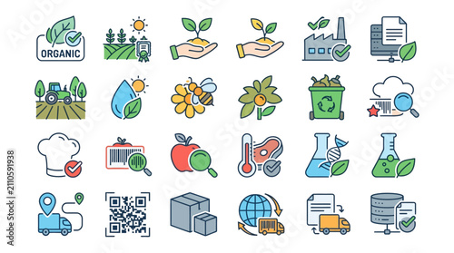 Collection of eco friendly and technology icons representing sustainability and innovation.