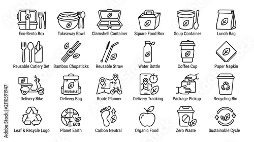Collection of eco-friendly food and delivery icons for sustainable living.
