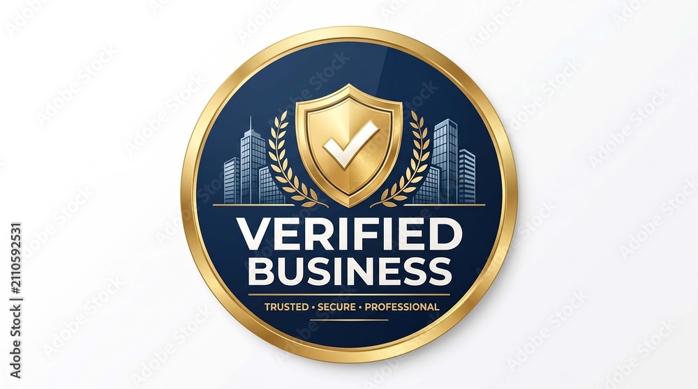 Fototapeta premium Gold verified business badge emblem seal icon with golden shield checkmark and trust security certificate label