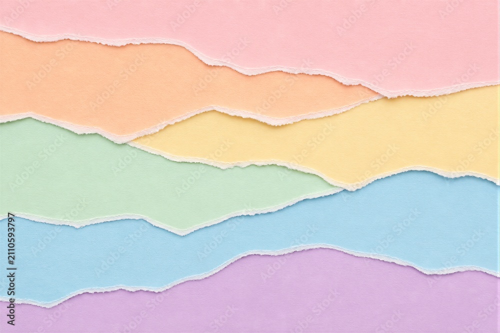 Fototapeta premium Colored torn paper layers arranged in horizontal pastel composition