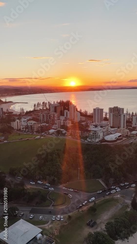 Gold Coast Sunset Aerial Vertical Video Coastal Sea beach 4k
