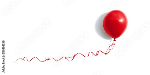 A single red balloon floats with a curly ribbon against a white background.