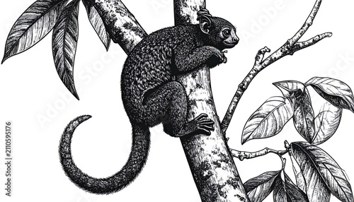 Whimsical Textured Cat Tail Vector Illustration, Black and White Sketchy Style