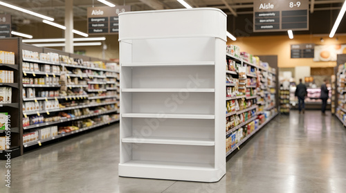 Empty white retail display stand in supermarket aisle with blurred shoppers and aisle signage