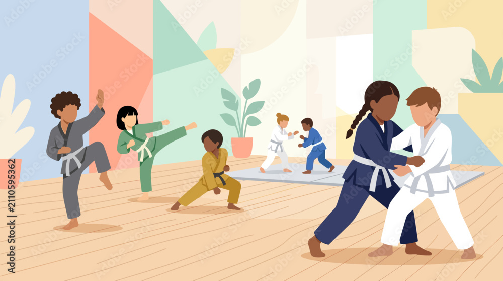 Fototapeta premium Students train inside a martial arts studio while wearing colorful uniforms and practicing sparring.