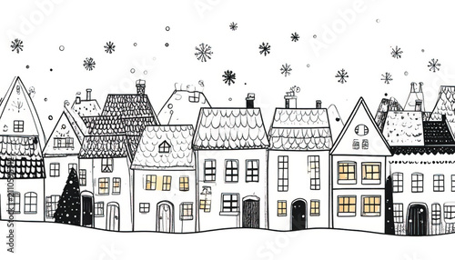 Whimsical Village Scene with Christmas Tree and Traditional Houses - Black and White Sketch Illustration