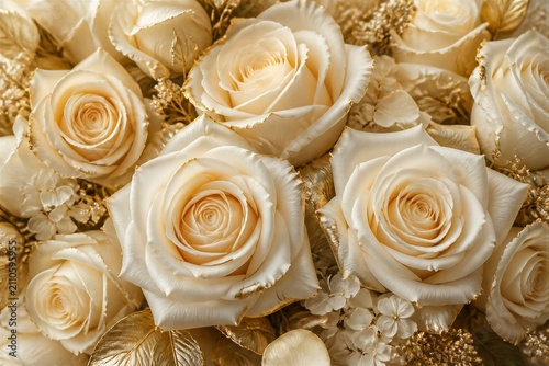 Cream roses arranged in bouquet with gold foliage background