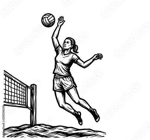 Volleyball player jumping for powerful spike at the net, hand drawn engraving illustration, sports vector illustration