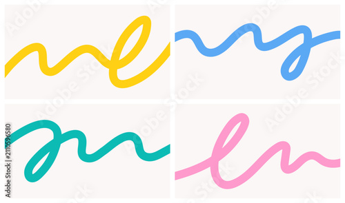 A modern, bright, trendy and colorful set of horizontal minimalist backgrounds, patterns with looped, wavy and thin line on a white background; simple hand-drawn vector illustration in a flat style