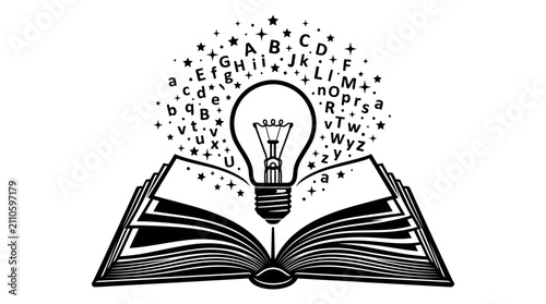 Book opened wide with a large lightbulb rising from the center surrounded by floating alphabet letters to visualize creative writing and the process of gaining knowledge through reading and deep.