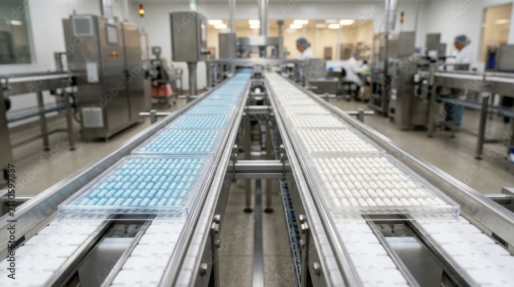 Obraz premium Pharmaceutical production line manufacturing pills in a modern factory