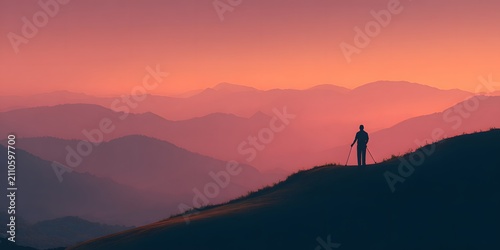 Silhouette of a lone hiker on a mountain ridge at sunset.