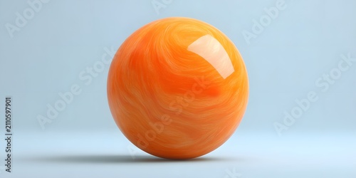 Orange Sphere with Swirling Patterns on a Light Blue Background.