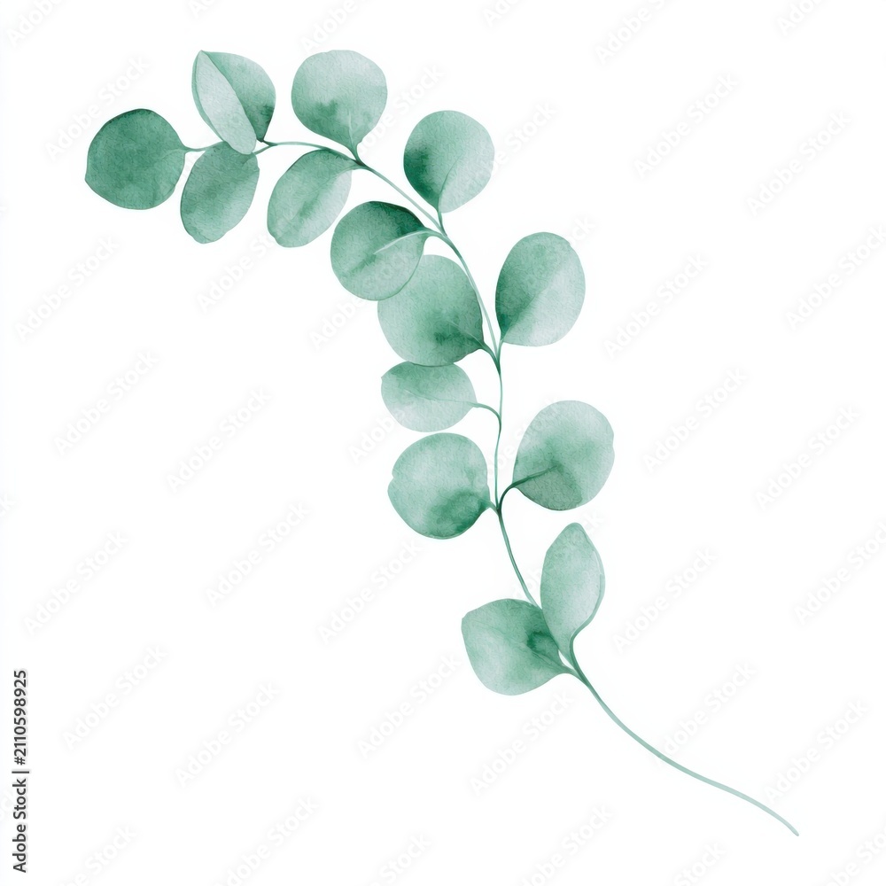 Obraz premium Watercolor Curved Silver Dollar Eucalyptus Branch Isolated on White Background