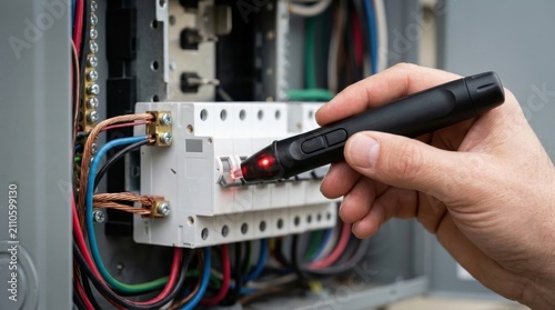 Electrician testing circuit breaker with voltage detector in panel