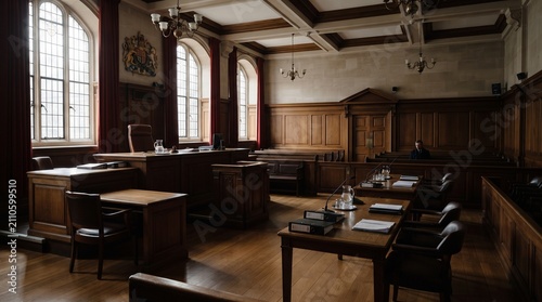 Empty Traditional Wooden Court Room, Formal Bench and Jury Box for Criminal Justice System