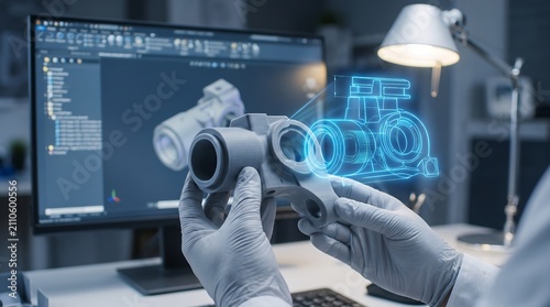 Hands Holding 3D Printed Mechanical Part with Blue Digital CAD Hologram Concept