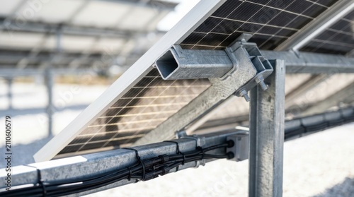 Solar panel mounting structure and wiring detail in renewable energy farm