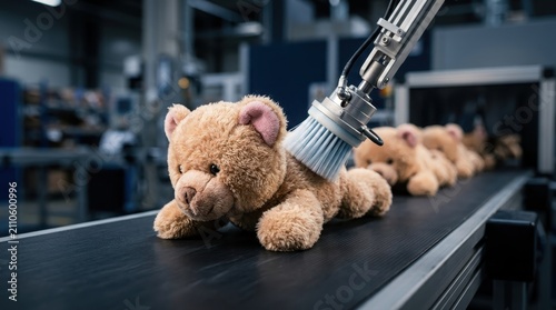 Teddy bear on factory conveyor belt with automated robotic brush clean