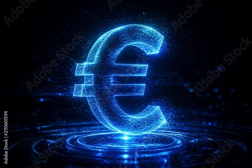 Holographic euro symbol glowing above digital surface