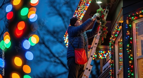 Man Hanging Festive Christmas Lights and Holiday Wreath on a House Ladder at Night