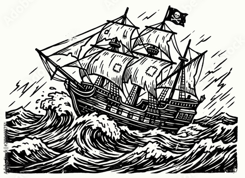 Fotografi Pirate sailing ship battling rough ocean waves, retro engraving illustration, ma