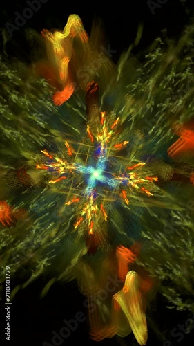 Orange green floral swirling curved wave pattern on black background. Vertical abstract fractal video.