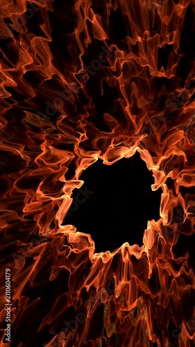 Orange burning swirling curved wave pattern on black background. Vertical abstract fractal video.