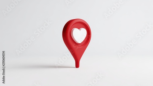 3D Red Map Pin with White Heart Icon on Clean White Background