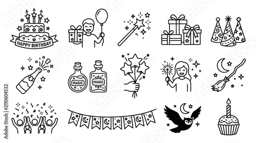 Mystical magic and witchcraft doodle icons set black line.