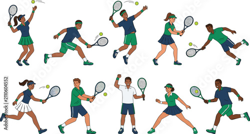 Foto Tennis Players Character Vector Illustration Set with Diverse Athletes Serving V