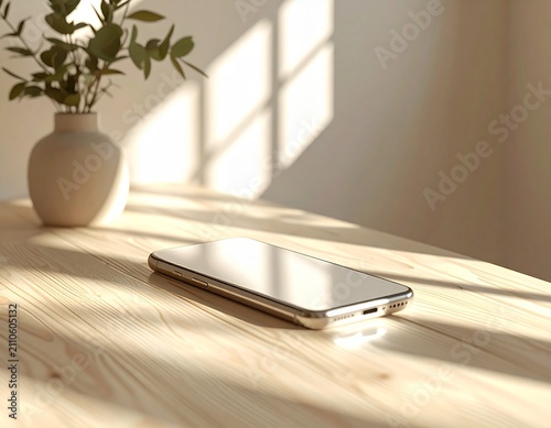 明るい陽光が差し込む木製テーブルの上に置かれたスマートフォンと観葉植物のあるライフスタイル背景素材