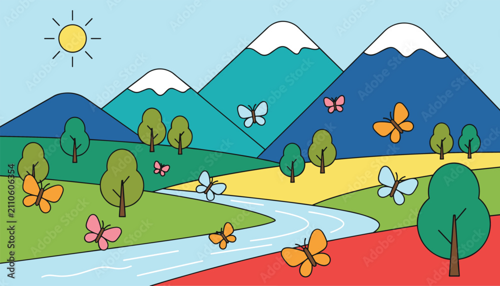 Obraz premium Beautiful mountain landscape scene with a winding river, green trees, and colorful butterflies flying under a bright sun.
