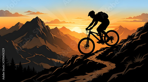 Silhouette of a Mountain Biker Cycling Down a Rocky Trail Against a Beautiful Golden Sunset in the Mountains Landscape
