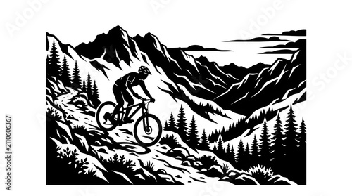 Black and White Mountain Biking Adventure Illustration Featuring a Cyclist Riding Down a Rugged Trail in a Scenic Alpine Landscape