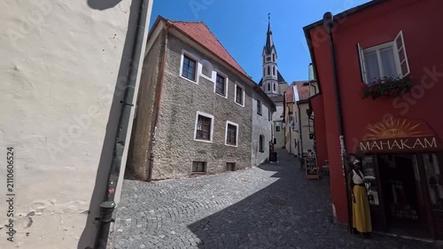 POV walking shot through narrow cobblestone streets of Cesky Krumlov history
