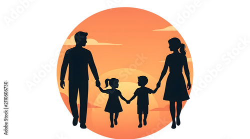 Silhouette of a Happy Family Holding Hands Together Against a Beautiful Sunset Background Symbolizing Unity and Love